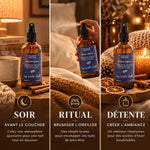 Brume d'oreiller Nuit d'hiver 100ml dans rituel du soir avec mug, bedding et ambiance cosy