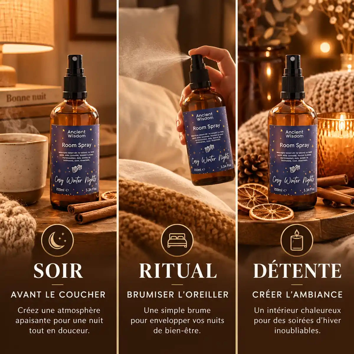 Brume d'oreiller Nuit d'hiver 100ml dans rituel du soir avec mug, bedding et ambiance cosy