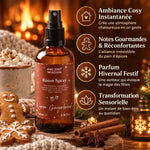 Brume d'oreiller Pain d'épices 100ml avec ambiance hivernale cosy, bénéfices et packaging produit