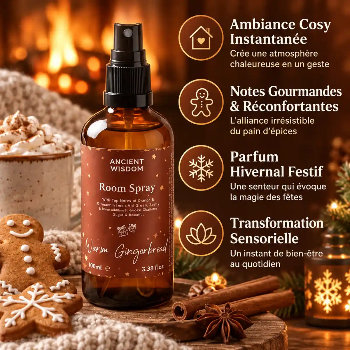 Brume d'oreiller Pain d'épices 100ml avec ambiance hivernale cosy, bénéfices et packaging produit