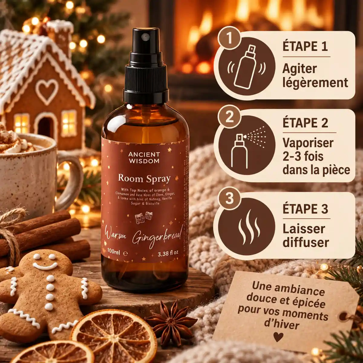 Brume d'oreiller Pain d'épices 100ml entourée de cannelle, anis étoilé et décoration hivernale cosy