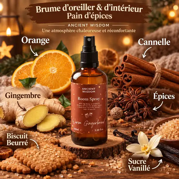 Brume d'oreiller Pain d'épices 100ml avec cannelle, gingembre et orange - Ancient Wisdom