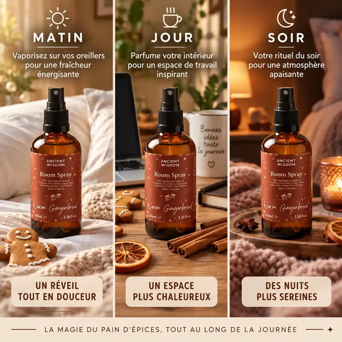 Brume d'oreiller pain d'épices 100ml - rituels matin, jour, soir avec accessoires cozy