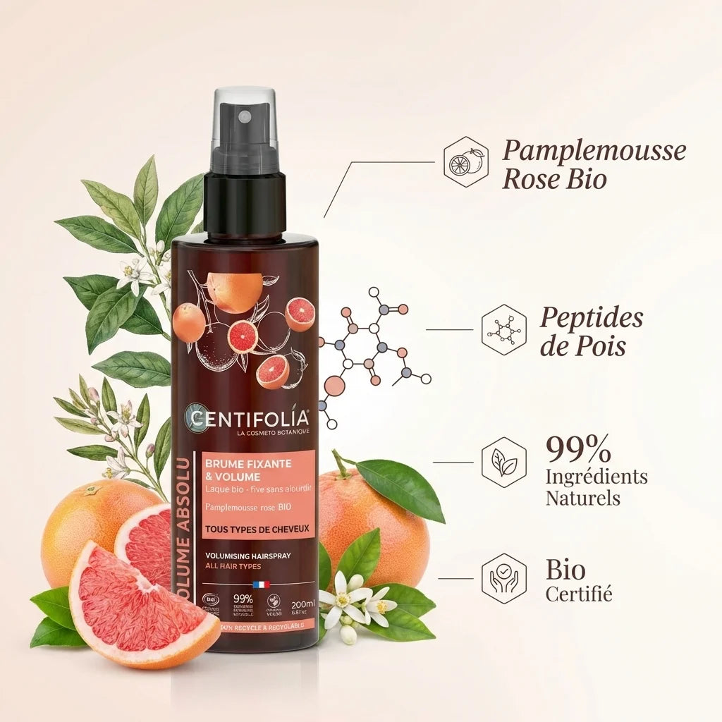 Brume fixante volume Centifolia 200ml avec ingrédients naturels pamplemousse rose et peptides de pois