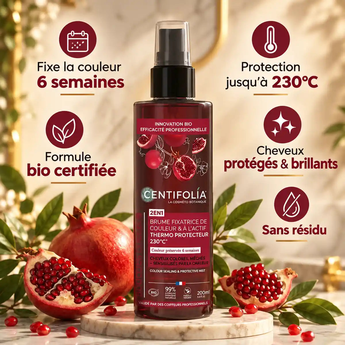 Brume fixatrice Centifolia bio 200ml avec grenades, protège couleur et cheveux jusqu'à 230°C