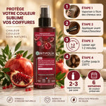Brume fixatrice bio Centifolia 200ml avec étapes d'application sur cheveux et grenade fraîche