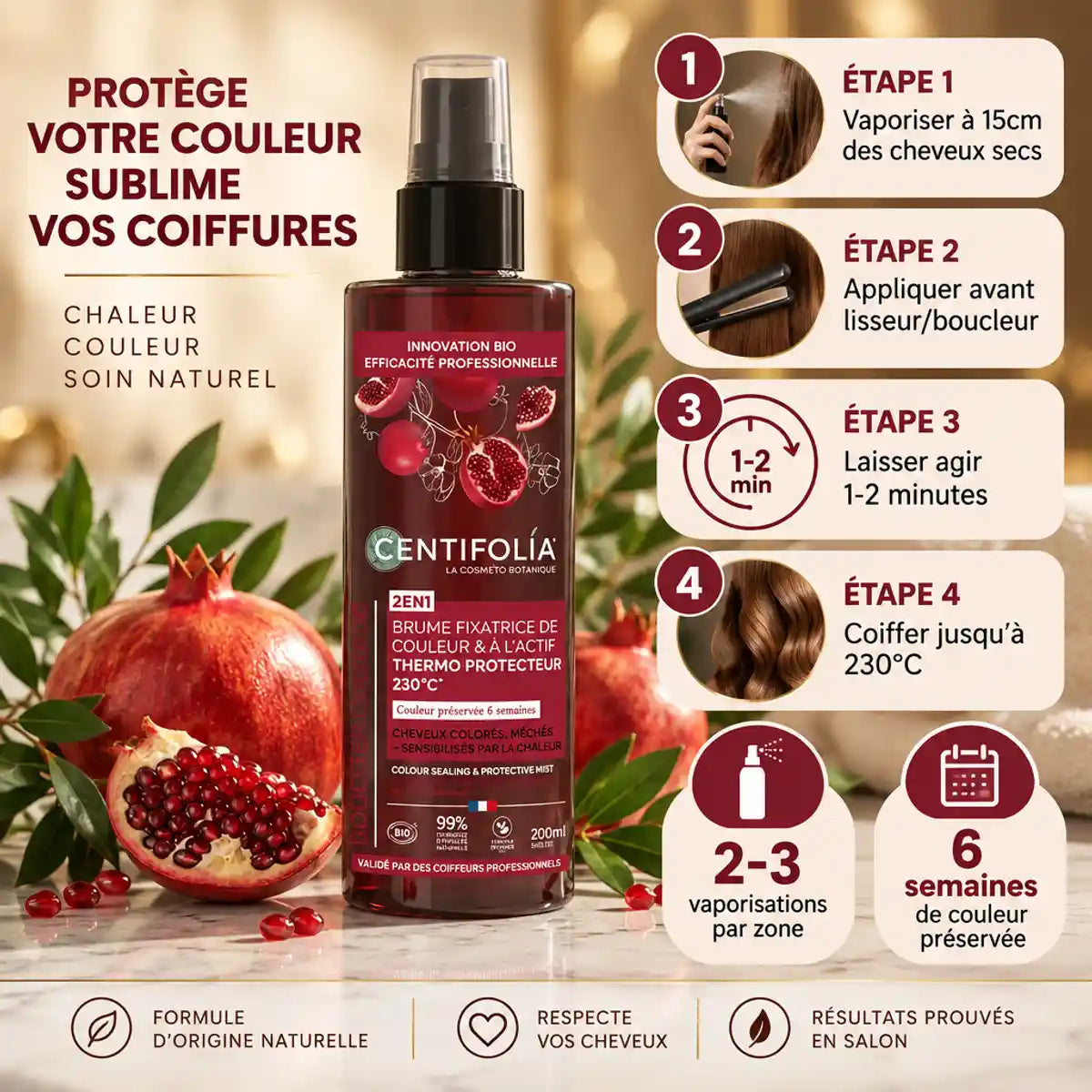 Brume fixatrice bio Centifolia 200ml avec étapes d'application sur cheveux et grenade fraîche