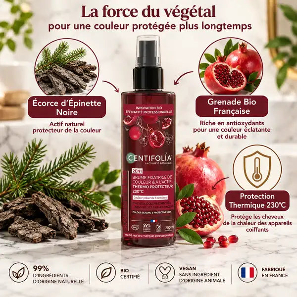 Brume fixatrice bio Centifolia 200ml avec écorce d'épinette noire et grenade, protection thermique 230°C