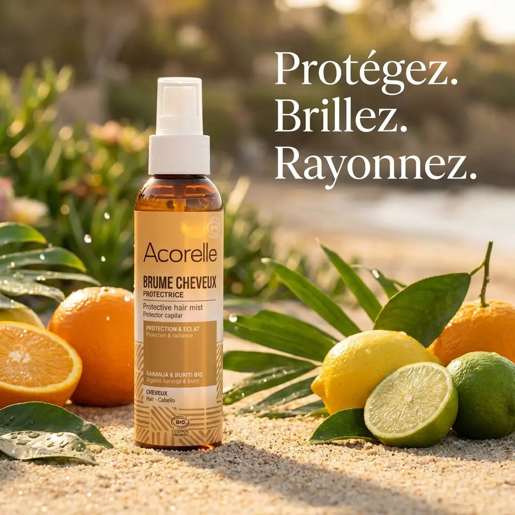 Brume Protectrice Cheveux Acorelle 100ml entourée de fruits tropicaux et feuilles vertes