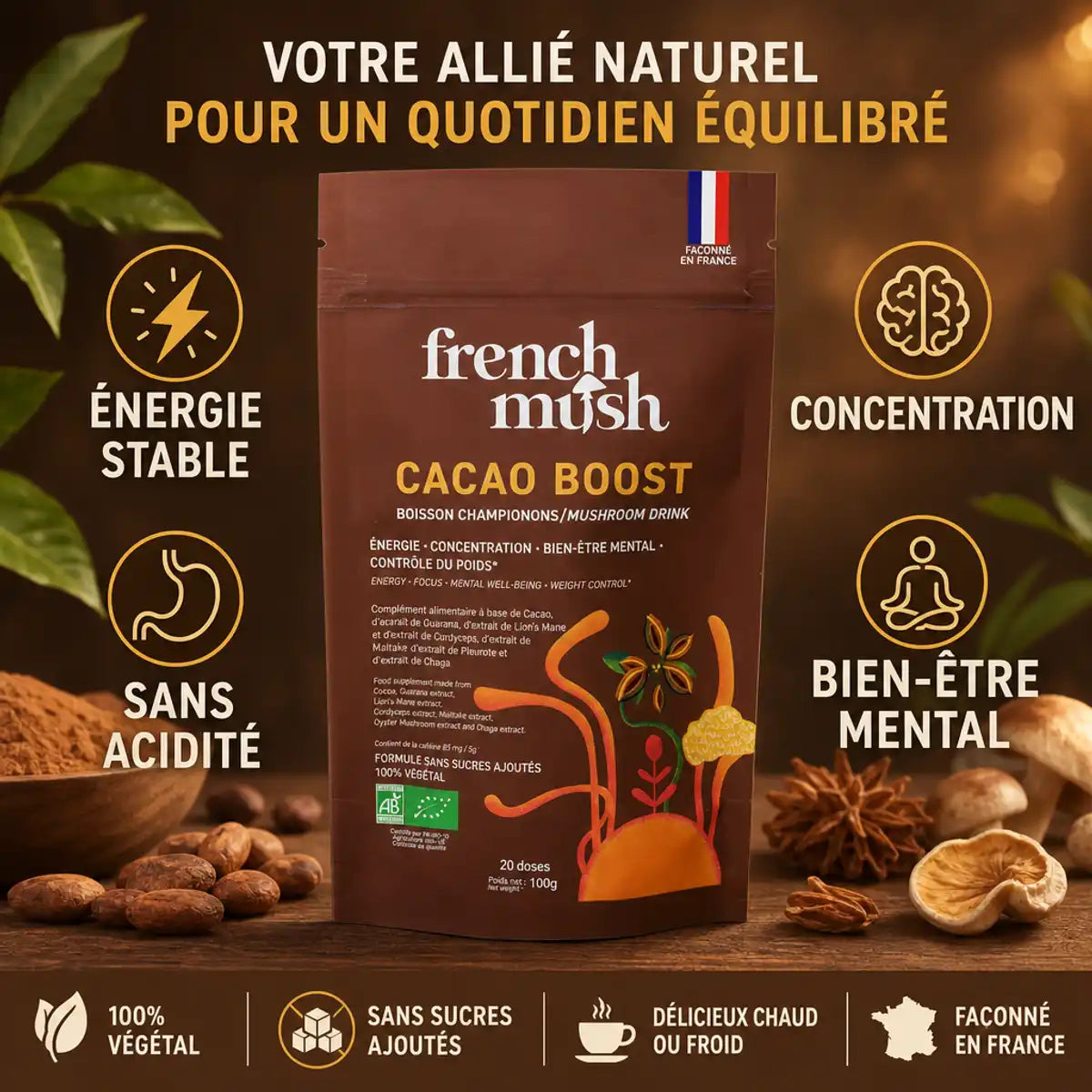 Cacao Boost champignons adaptogènes French Mush - Énergie stable, concentration, sans acidité