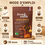 Cacao Boost champignons adaptogènes - Packaging French Mush avec mode d'emploi 4 étapes