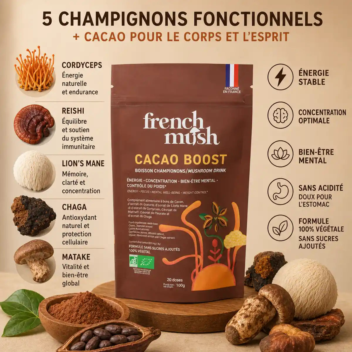 Cacao Boost French Mush - Café champignons adaptogènes avec Cordyceps, Reishi, Lion's Mane, Chaga et Maïtake