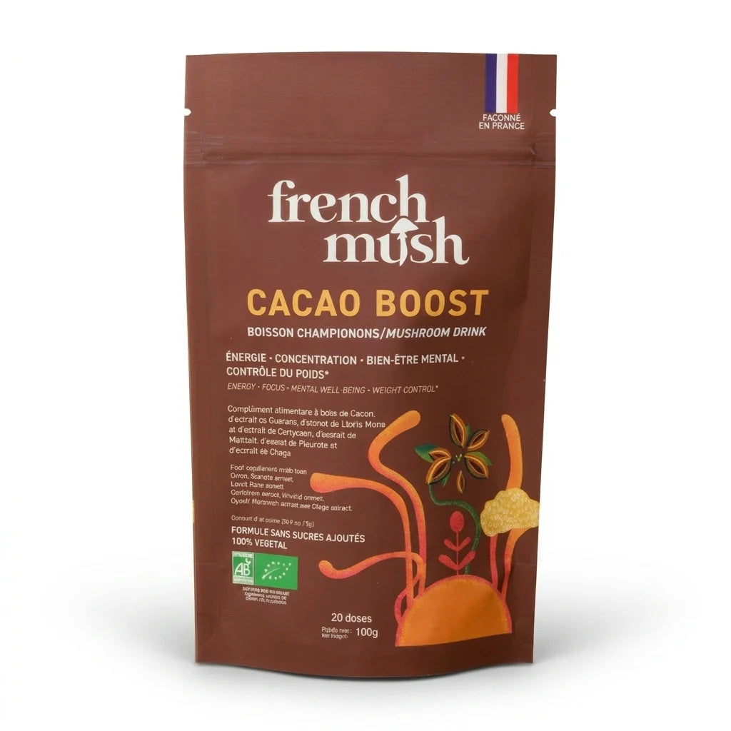 Cacao Boost café champignons adaptogènes 100g French Mush packaging burgundy