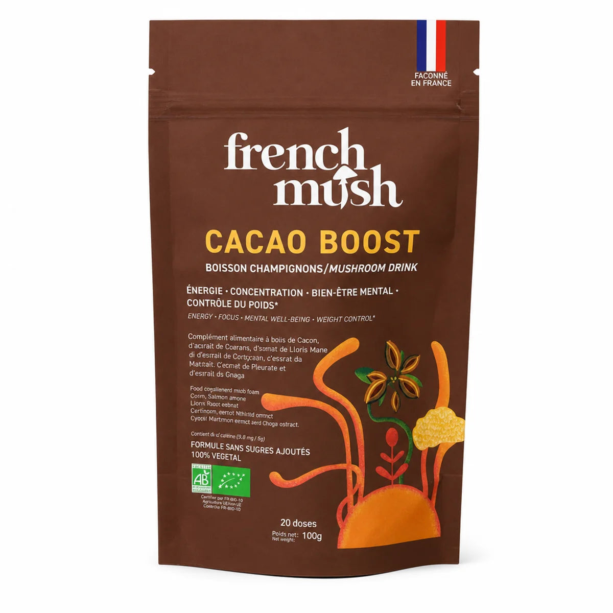 Sachet Cacao Boost French Mush café champignons adaptogènes 100g sur fond blanc