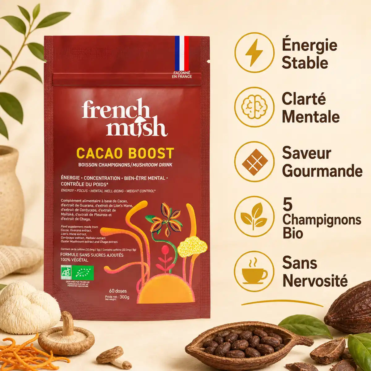 Cacao Boost champignons adaptogènes - Café bio 300g avec bénéfices énergie et clarté mentale
