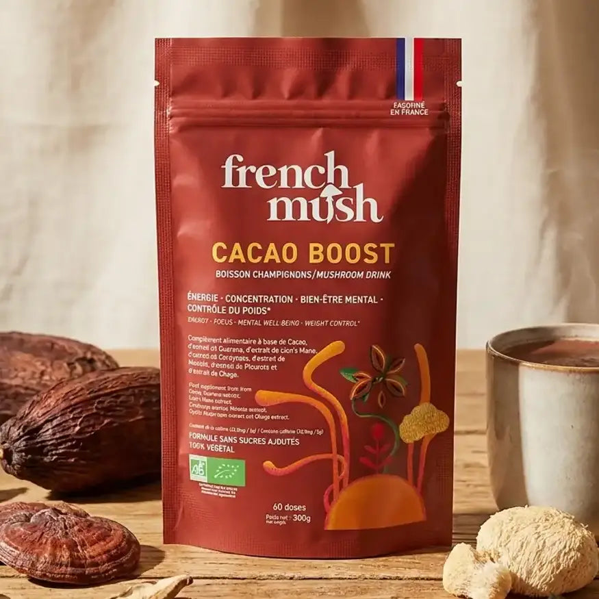 Cacao Boost French Mush café champignons adaptogènes 300g avec cacao et tasse préparée