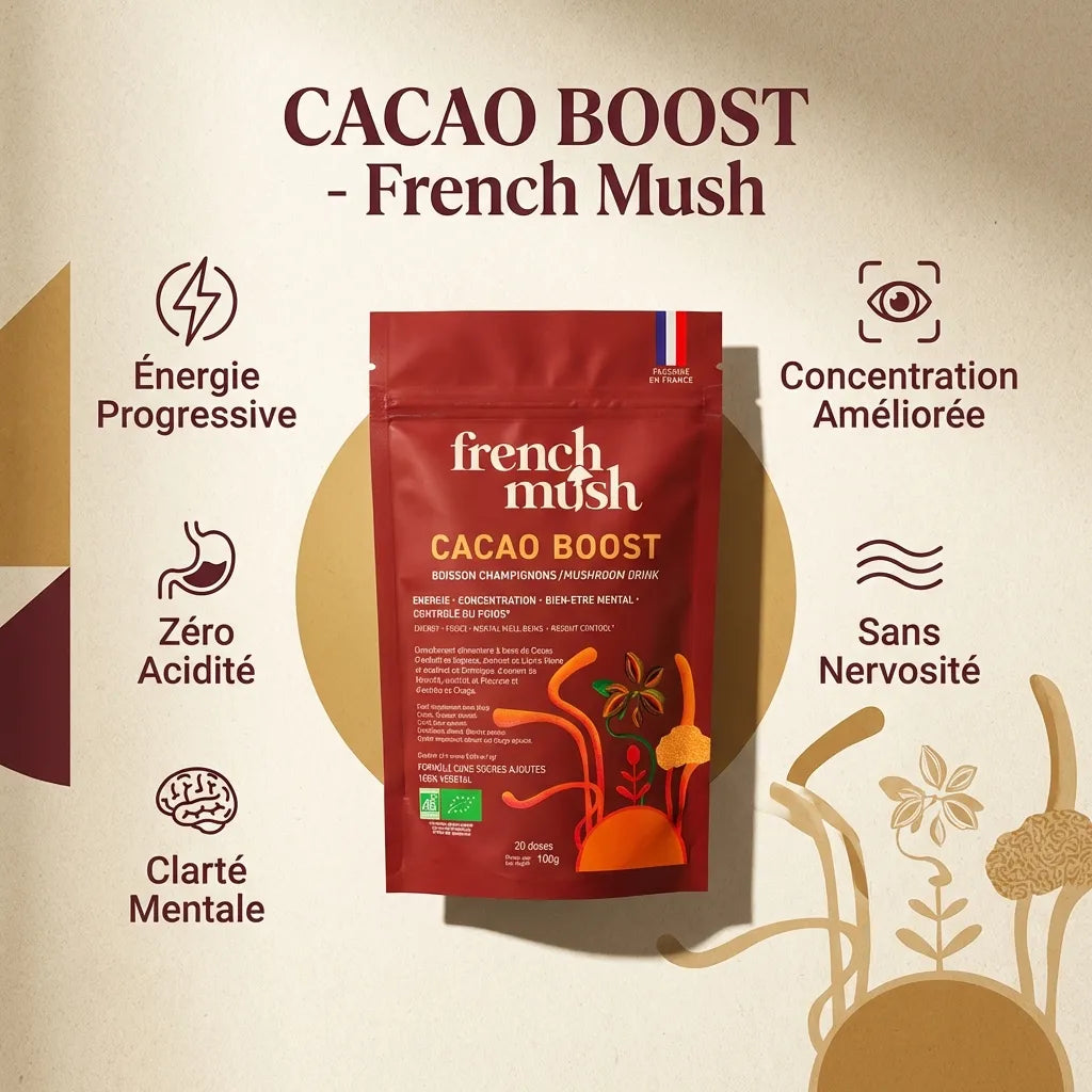 Cacao Boost French Mush - Café champignons adaptogènes avec bénéfices énergie et clarté mentale