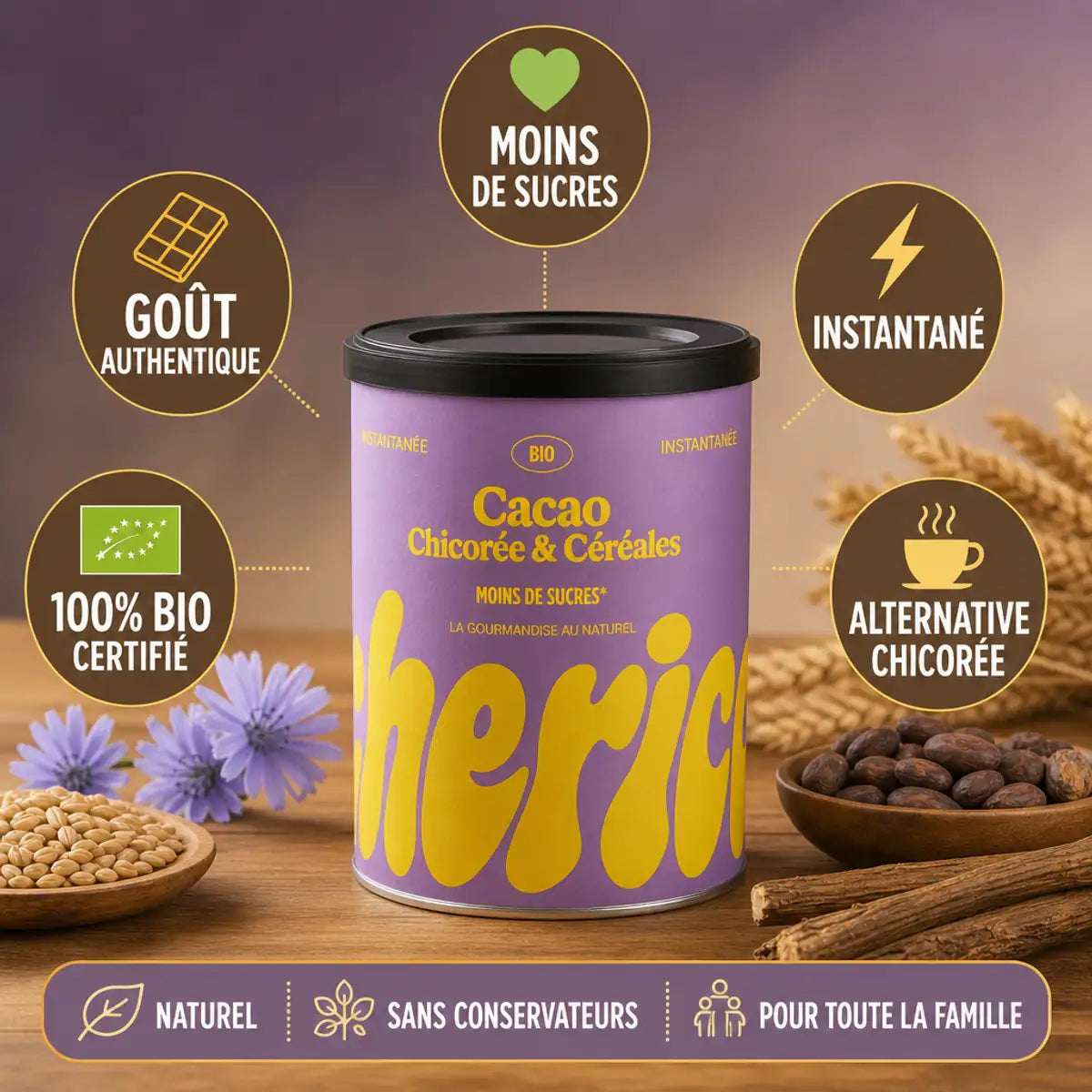 Boîte Chérico cacao chicorée bio 80g avec infographies bénéfices : goût authentique, 100% bio, moins de sucres