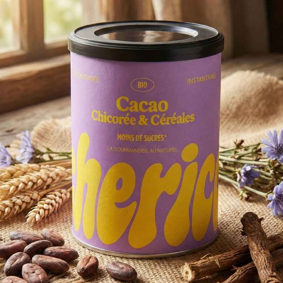 Une boite de caco chicorée et céréales de la marque chérico accompagné defèves de cacao.