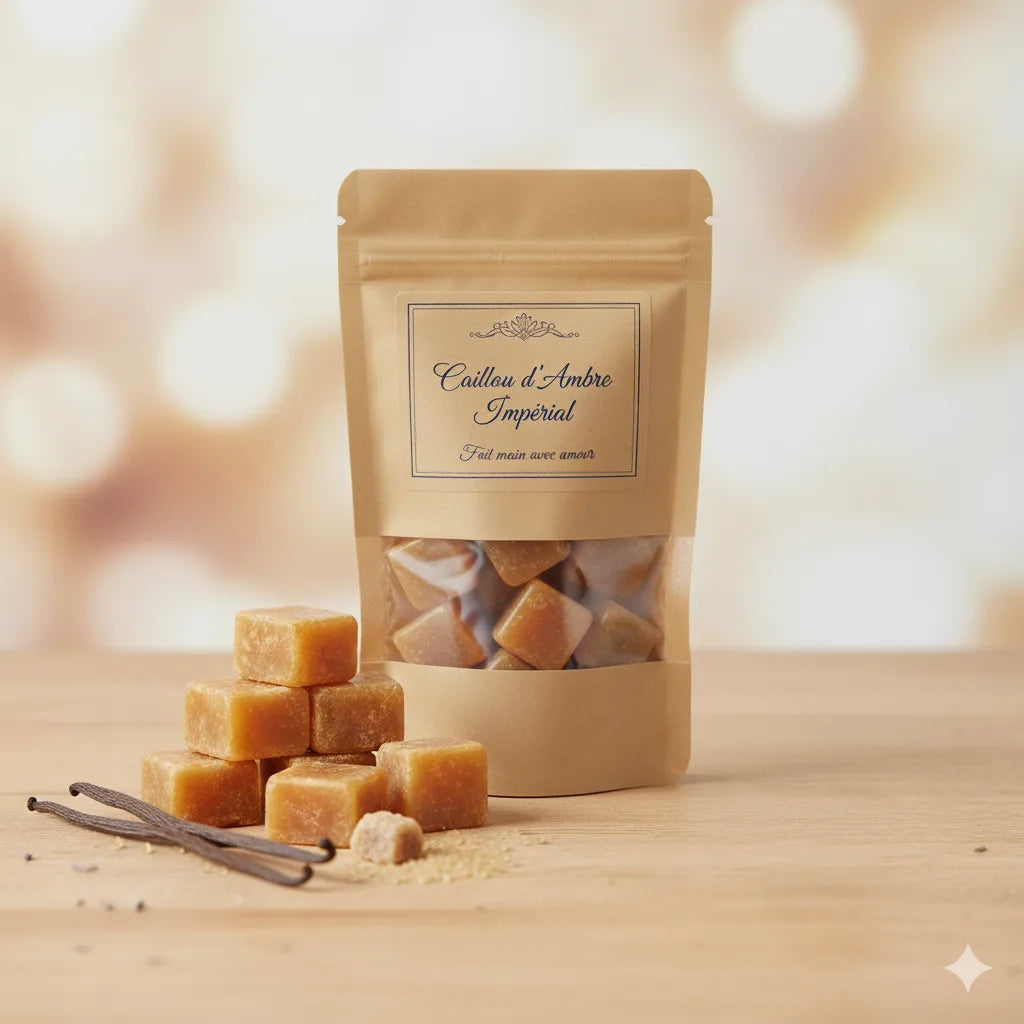 Un sachet en papier kraft, avec une fenêtre transparente, est rempli de carrés d'ambre. Le sachet porte une étiquette élégante avec l'inscription "Caillou d'Ambre Impérial" et "Fait main avec amour". À côté du sachet, plusieurs carrés d'ambre sont empilés sur une surface en bois clair, avec quelques gousse de vanille. 