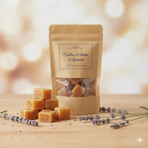 Un sachet en papier kraft, avec une fenêtre transparente, est rempli de carrés d'ambre. Le sachet porte une étiquette élégante avec l'inscription "Caillou d'Ambre et Lavande" et "Fait main avec amour". À côté du sachet, plusieurs carrés d'ambre sont empilés sur une surface en bois clair, avec quelques brins de lavande séchée en décoration. L'arrière-plan est un bokeh lumineux et flou, créant une ambiance chaleureuse et naturelle.