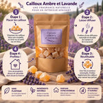 Cailloux Ambre et Lavande avec guide d'utilisation étapes 1-4 pour diffuseur naturel réutilisable