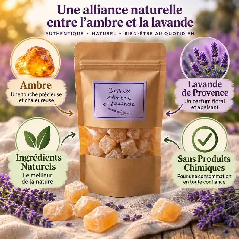 Cailloux Ambre et Lavande dans sachet kraft avec ingrédients naturels et fleurs de lavande