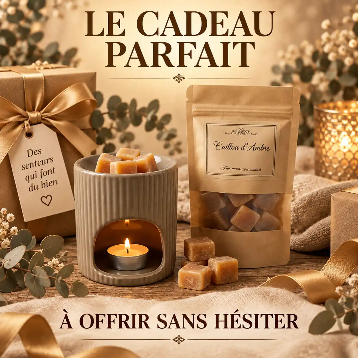 Cailloux ambre impérial jardin grand-père, pierres naturelles, packaging kraft, cadeau luxe