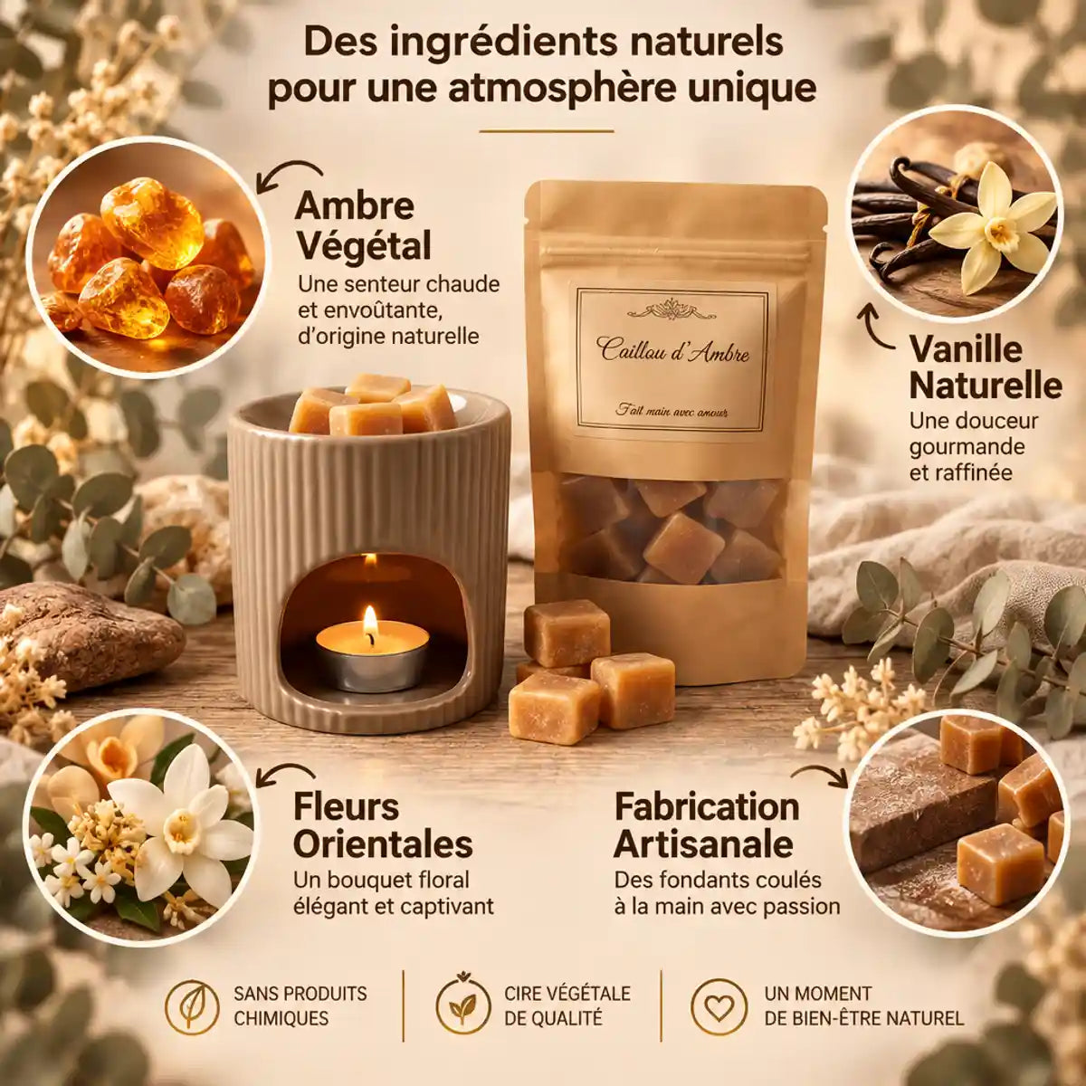 Cailloux Ambre Impérial avec ingrédients naturels : ambre végétal, vanille, fleurs orientales