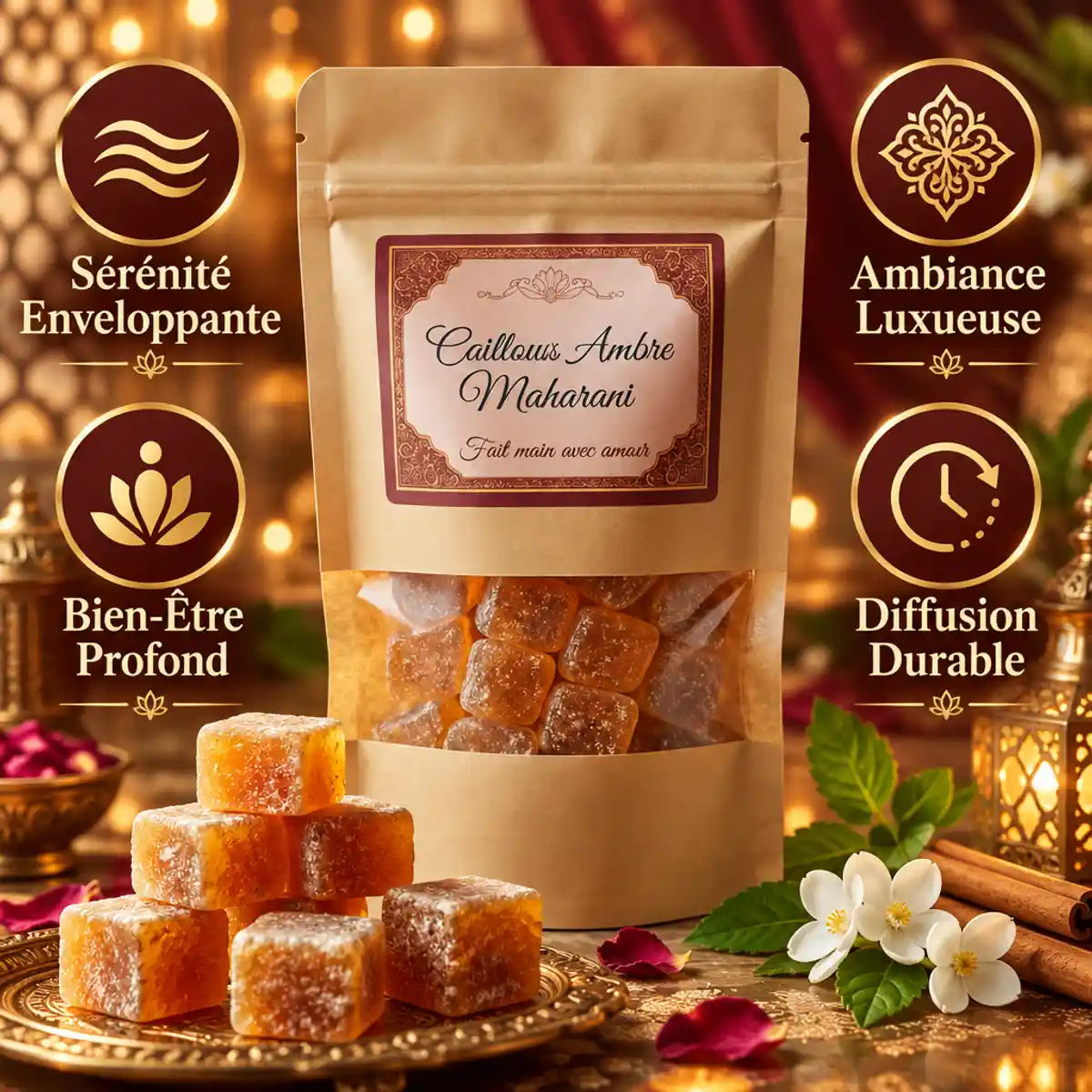 Cailloux Ambre Maharani - Sachet kraft avec pierres ambres et ses 4 bénéfices de bien-être