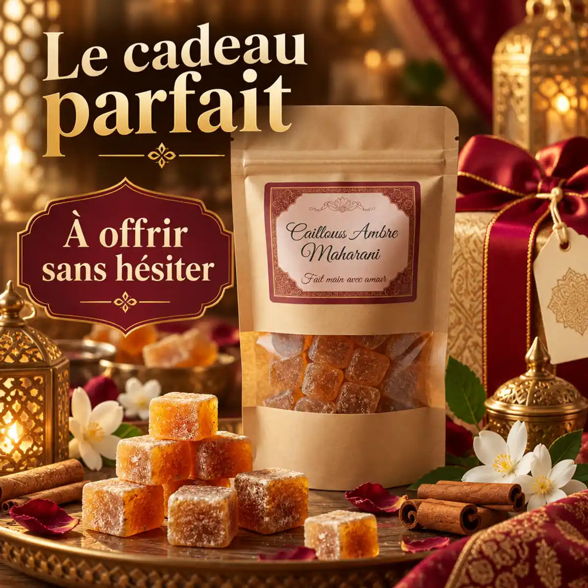 Cailloux Ambre Maharani luxury gift presentation with amber stones and elegant packaging on wooden surface