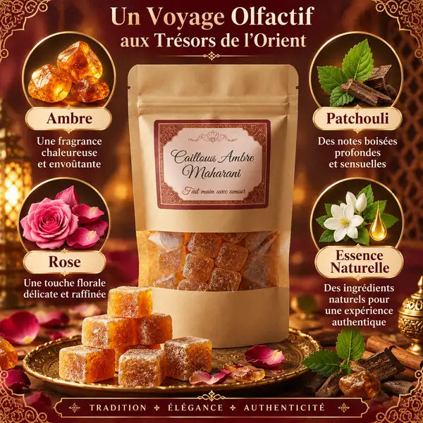 Cailloux Ambre Maharani packaging luxe avec ingrédients naturels rose patchouli essence