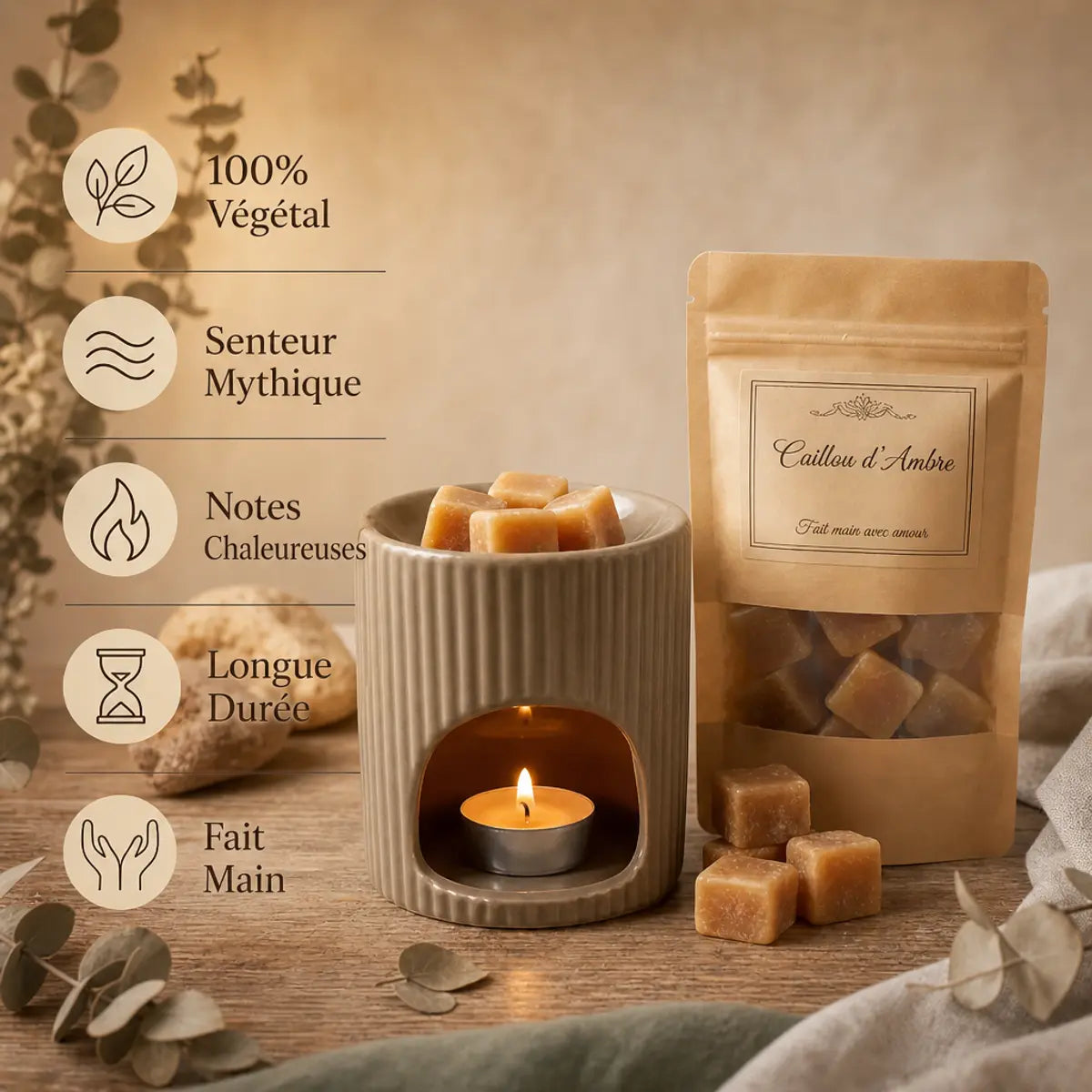 Cailloux d'Ambre - Pouch kraft et diffuseur céramique avec bénéfices produit et décoration naturelle