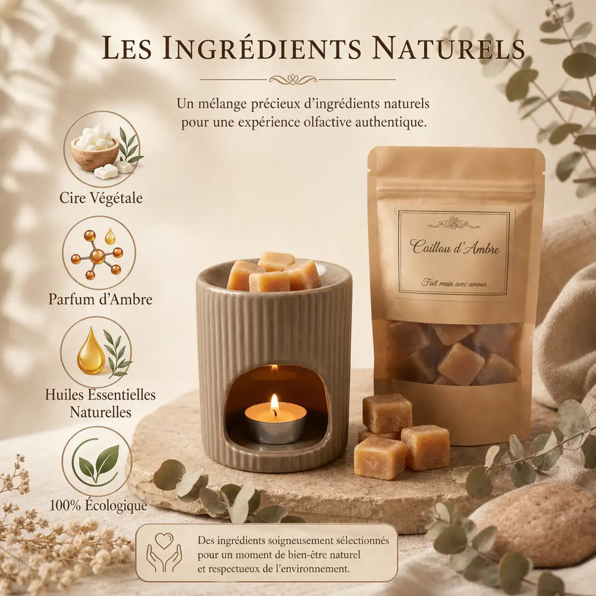 Cailloux d'Ambre - Packaging kraft avec pierres ambrées, ingrédients naturels et huiles essentielles