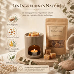 Cailloux d'Ambre - Packaging kraft avec pierres ambrées, ingrédients naturels et huiles essentielles