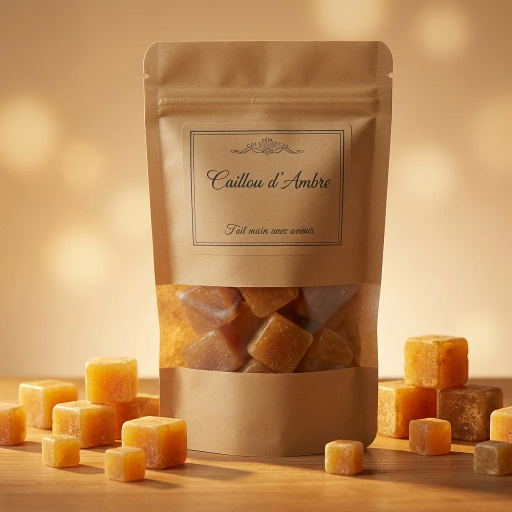 Cailloux d'Ambre en sachet kraft avec pierres d'ambre doré sur surface bois, composition luxe