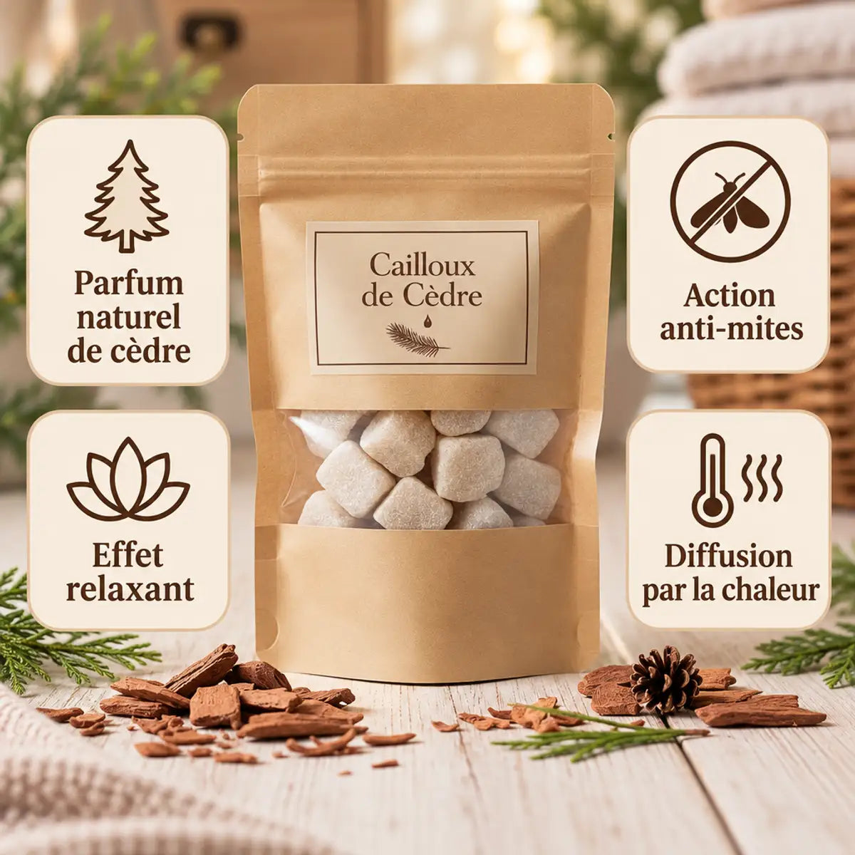 Sachet kraft Cailloux de Cèdre au parfum naturel, avec action anti-mites et effet relaxant, posé sur une table en bois clair entourée de copeaux de cèdre.