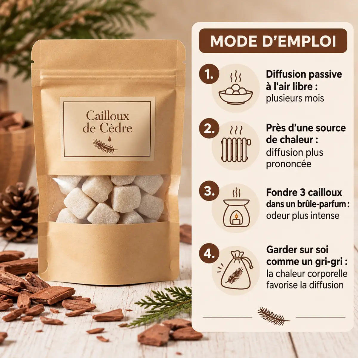 Cailloux de cèdre parfumés dans un sachet kraft avec mode d'emploi pour la diffusion d'odeur, jardin de mon grand-père