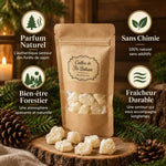 Cailloux de Fir Balsam avec emballage kraft et bénéfices naturels en infographie jardin grand-père
