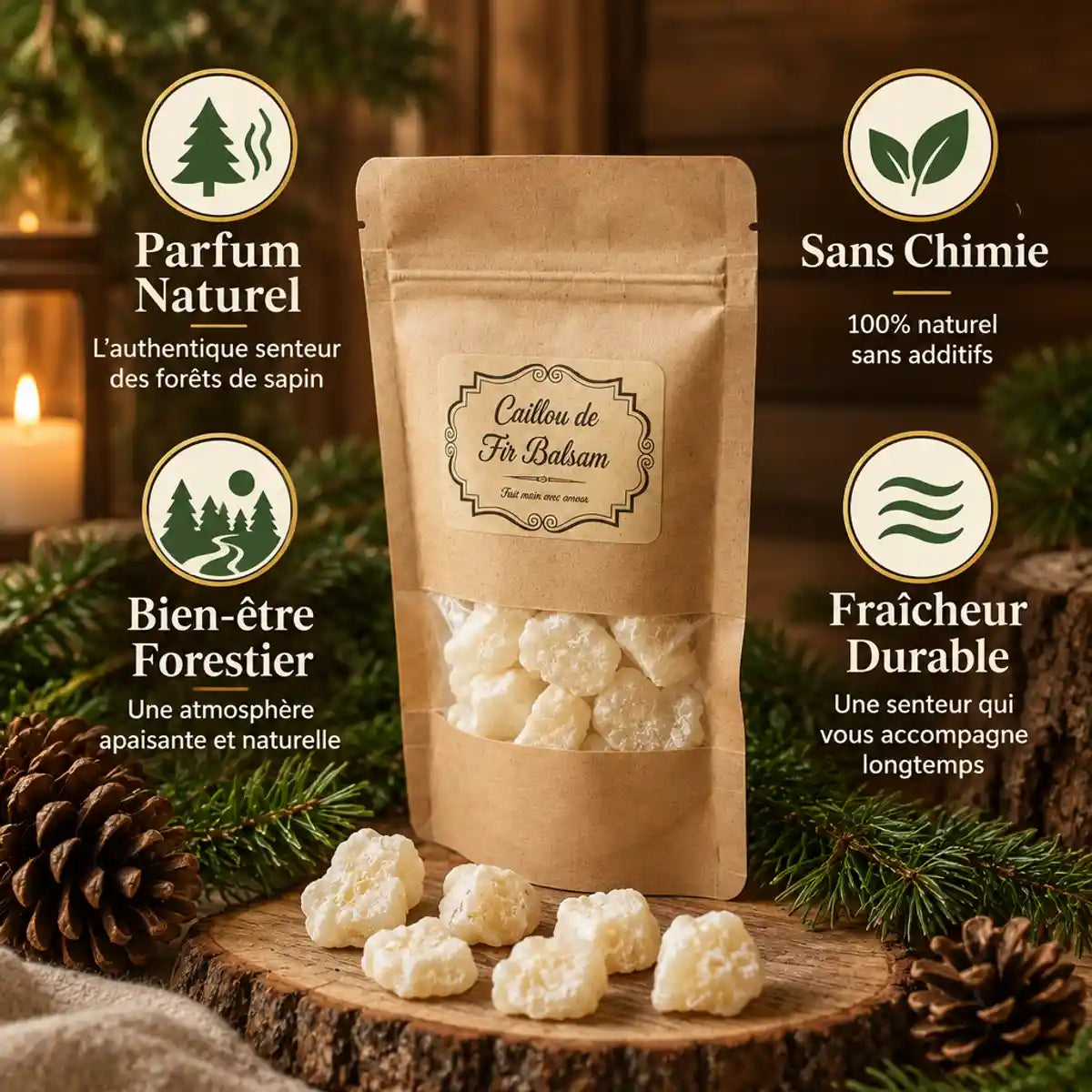 Cailloux de Fir Balsam avec emballage kraft et bénéfices naturels en infographie jardin grand-père