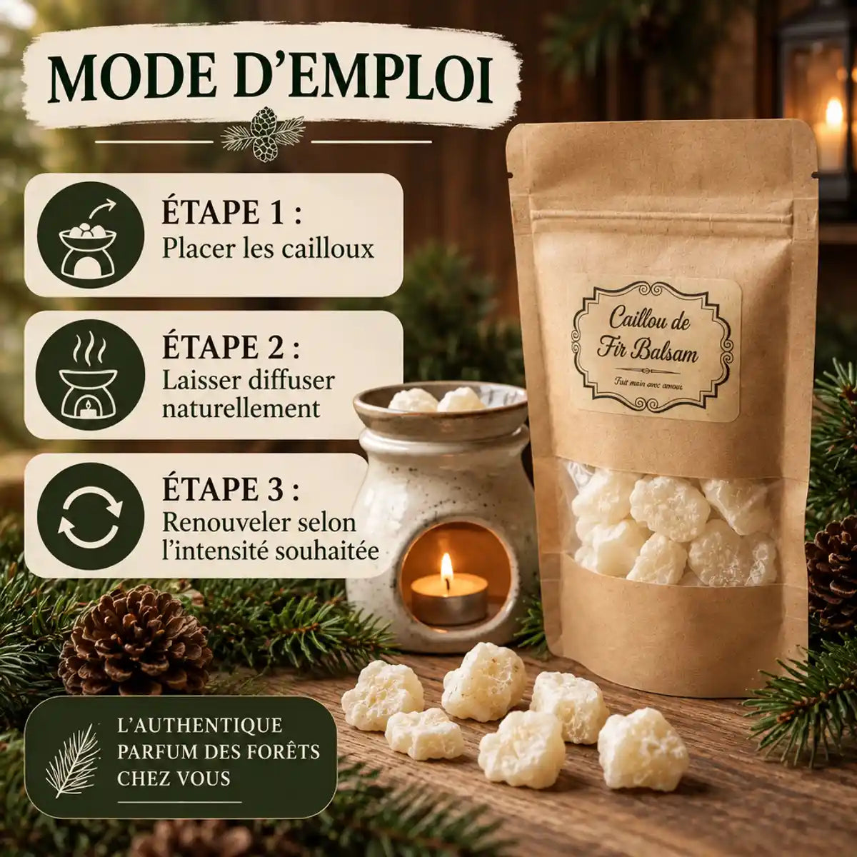 Cailloux de Fir Balsam avec guide d'utilisation, diffuseur et branches de sapin sur surface bois