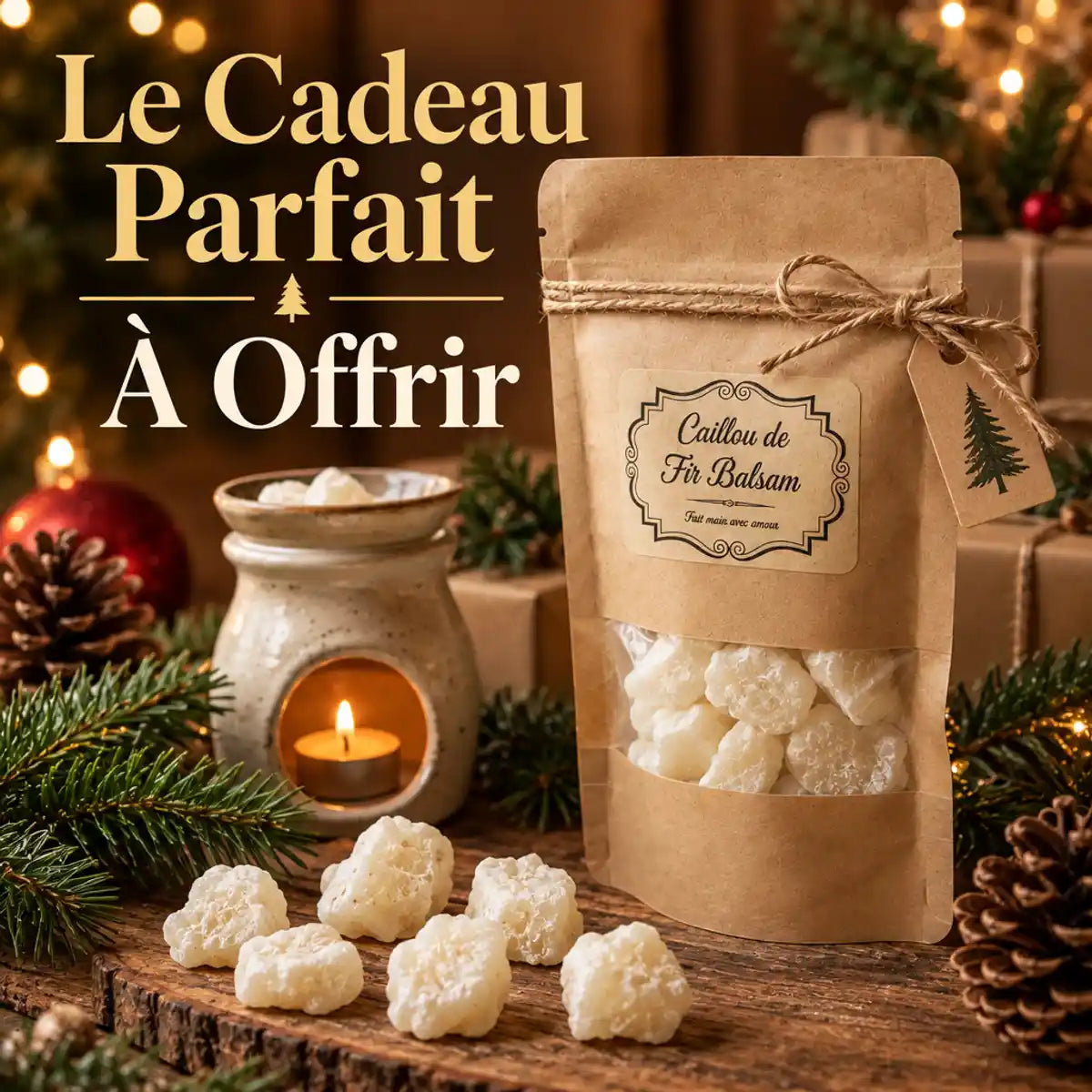 Cailloux de Fir Balsam dans un emballage cadeau avec branches de sapin, ambiance hivernale luxe