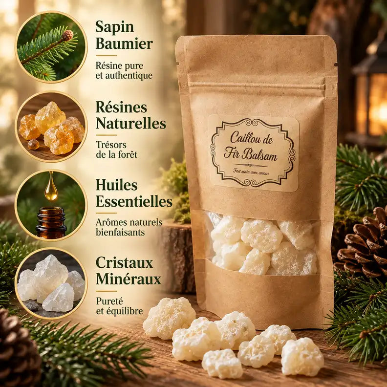 Cailloux de Fir Balsam avec ingrédients naturels, sapin, résines et cristaux minéraux