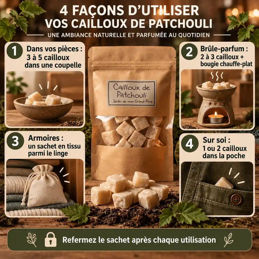Cailloux de Patchouli Jardin de mon Grand-Père : guide d'utilisation en 4 étapes avec sachet kraft et cailloux parfumés