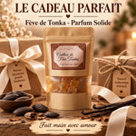 Cailloux Fève de Tonka parfum solide artisanal présenté avec emballage cadeau kraft et fèves tonka