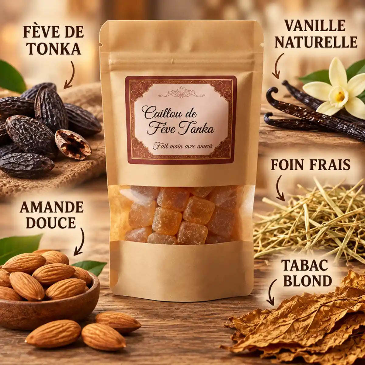Parfum solide Cailloux Fève de Tonka avec ingrédients naturels : vanille, foin, tabac blond et amande douce
