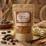 Parfum solide Cailloux Fève de Tonka sur sachet kraft avec fèves tonka et vanille