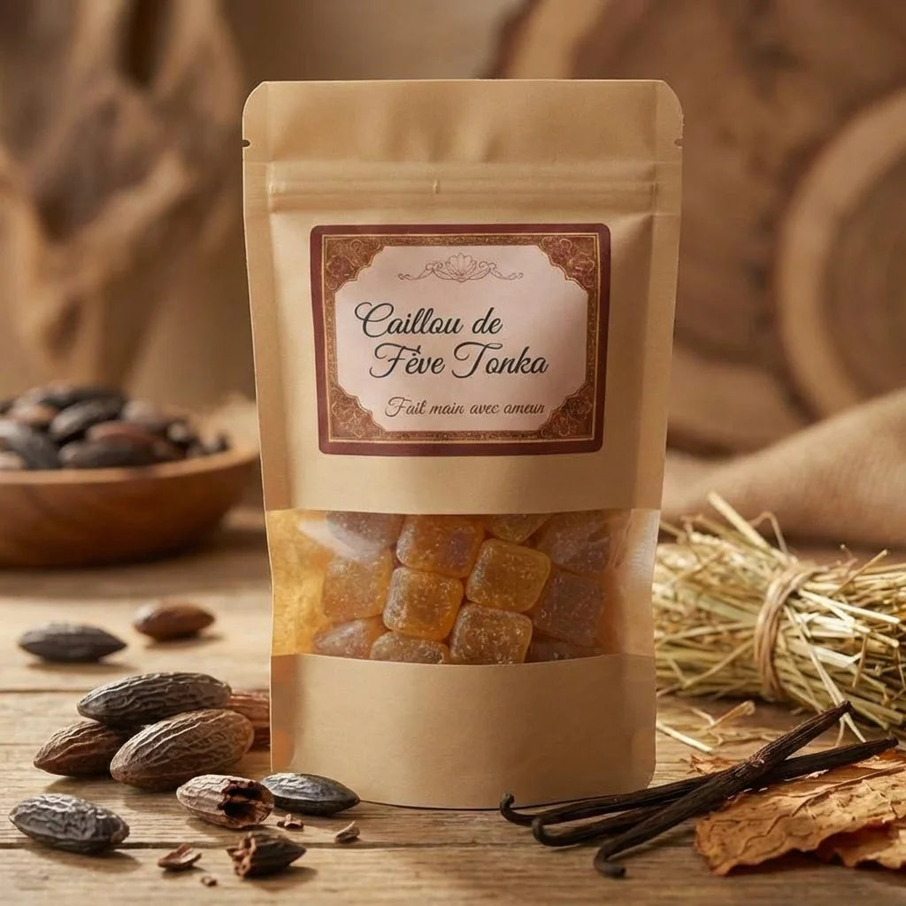 Parfum solide Cailloux Fève de Tonka sur sachet kraft avec fèves tonka et vanille