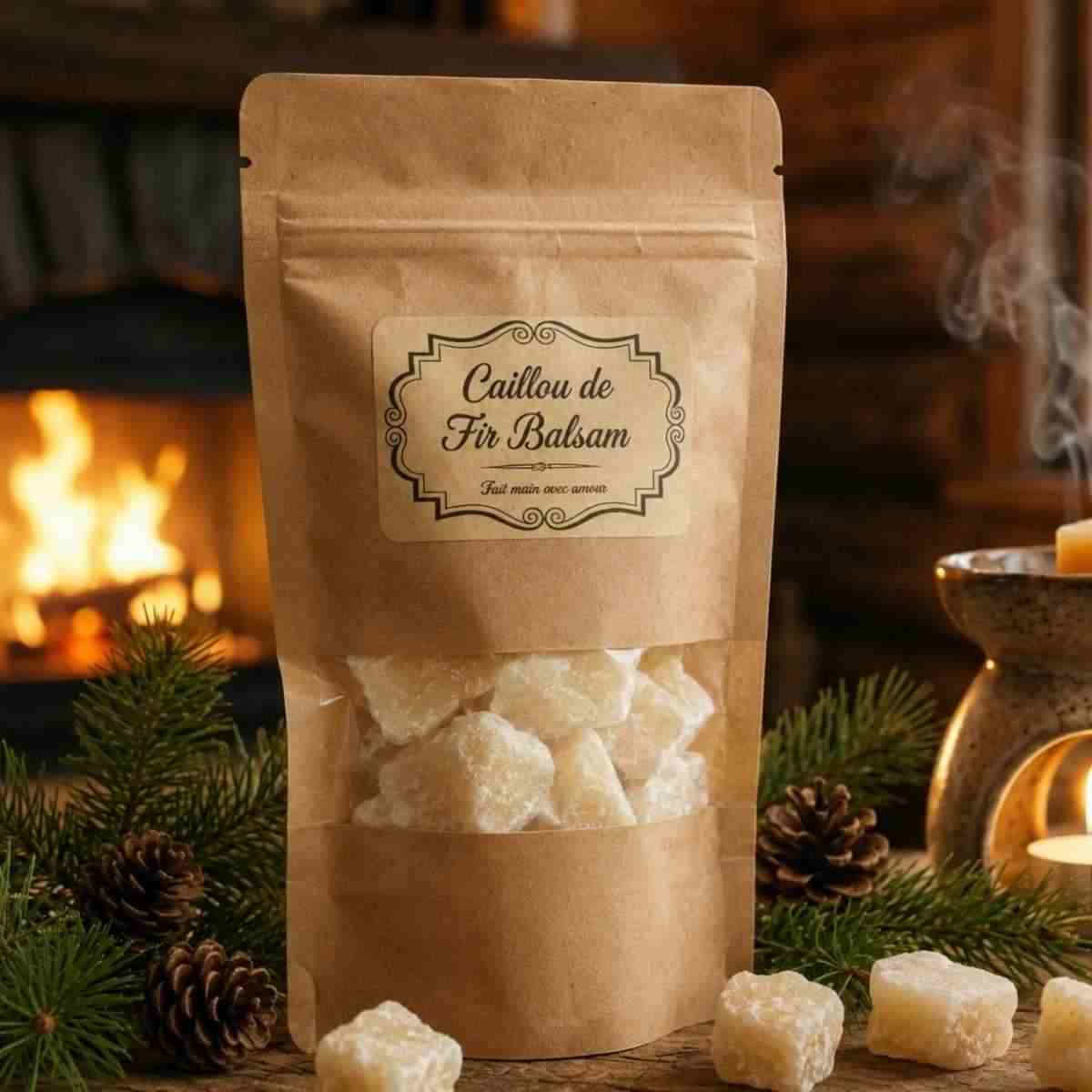 Un pochon en kraft contenant des cailloux parfumés au fir de balsam dans une ambiance hivernale