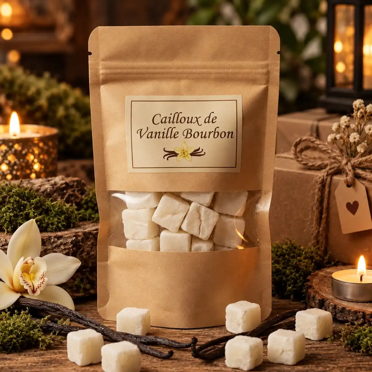 Cailloux Vanille Bourbon parfum solide sur bois rustique avec fèves vanille et bougies